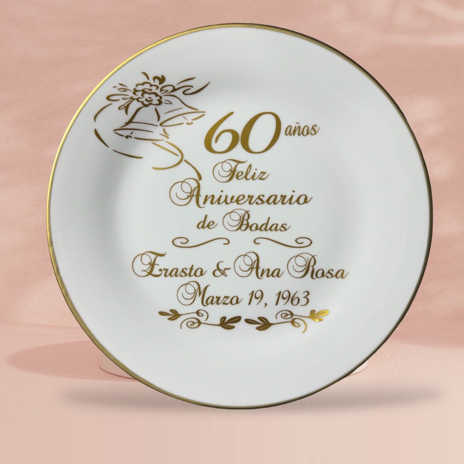 Personalized Spanish 60th Anniversary Plate: Gold Trim Ceramic