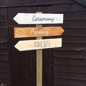 Personalised rustic direction wedding/ festival signpost/campsite/glampsite - wedding, parking, toilets....
