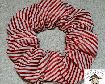 Red, white, stripes, candy stripes, candy cane stripes, Christmas, holiday, winter, festive, hair tie, scrunchie, elastic, hair accessory