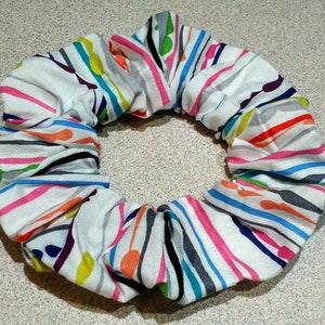 Multicolored, white, stripes, lines, bands, strips, paint splatter, rainbow, hair tie, scrunchie, elastic, hair accessory
