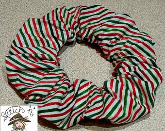 Red, white, green, stripes, candy stripes, candy cane stripes, Christmas, holiday, winter, hair tie, scrunchie, elastic, hair accessory
