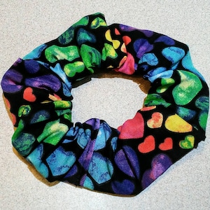Rainbow, multicolored, black, hearts, gay pride, lgbtq, pride month, hair tie, elastic, scrunchie, hair accessory
