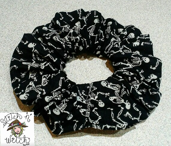 Black, white, dancing skeletons, bones, skulls, Halloween, goth, gothic hair tie, scrunchie, elastic, hair accessory