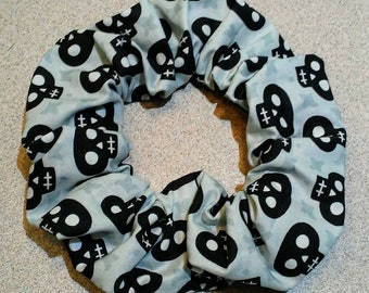 Black, grey, skulls, skeletons, bones, Halloween, gothic, alternative, hair tie, scrunchie, elastic, hair accessory