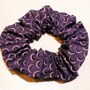 Purple, black, crescent moon, moon, lunar, space, spooky, witchy, Halloween, gothic, hair tie, scrunchie, elastic, hair accessory