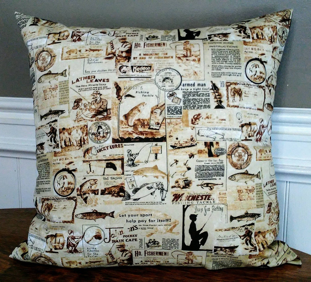 18x18 Black, Cream, Tan, Fishing, Fisherman, Lures, Bait, Tackle, Hooks