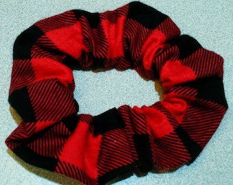 Red, black, plaid, checkered, flannel, 100% cotton, hair tie, scrunchie, elastic, hair accessory