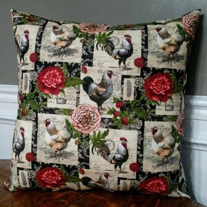 18&quot;x18&quot; black, tan, chickens, roosters, hens, carnations, raspberries, decorative throw pillow, insert included