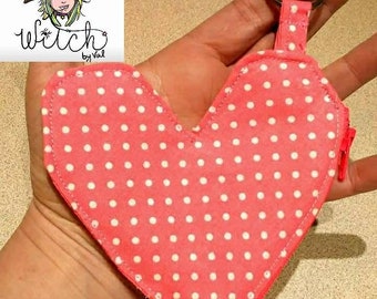 Pink, white, polka dot, spots, heart, heart shaped, Valentine's Day, zippered pouch, coin purse, change purse,key ring.