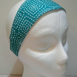 Blue, turquoise, white, spots, dots, dashes, geometric, pattern, shapes, squares, abstract, rockabilly, preppy, headband, hair accessory