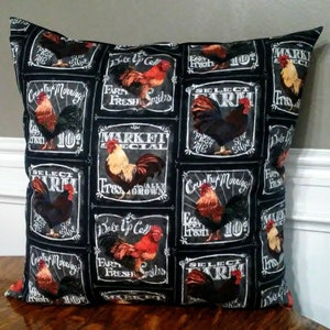 18&quot;x18&quot; black, white, chickens, roosters, hens, farmhouse, rustic, decorative throw pillow, insert included