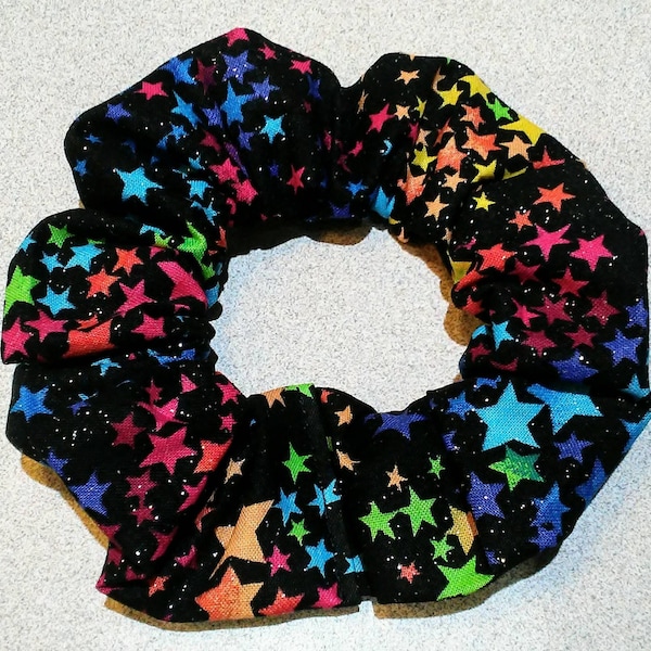 Black, rainbow, multicolor, stars, sparkles, glitter, silver, shiny, witchy, pride, gothic, hair tie, scrunchie, elastic, hair accessory