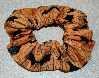 Orange, black, metallic silver, bats, spider webs, Halloween, goth, gothic, spooky, elastic, hair tie, scrunchie, elastic, hair accessory