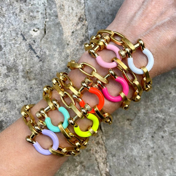 Electric Rainbow Bracelets//enamel shackle screw clasp bracelet with distressed link chain//choose color from drop down menu at checkout