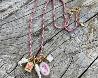 Sweet Dreams//five charm set necklace//seahorse clover tulip enamel cactus & horn charms on enamel chain//one of a kind