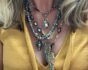 Angel Kisses//Hand Soldered Wing Pendant Necklace with Crystal and Pyrite Angel