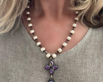 Pendulum//Two-Tiered Crystal Pendant Necklace with Czech Glass Pearls (18-21" Adjustable)