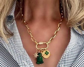 Good Fortune//Gold Plated Link Necklace with Marbled Buddha Charm, Star, Clover, Lucky Token
