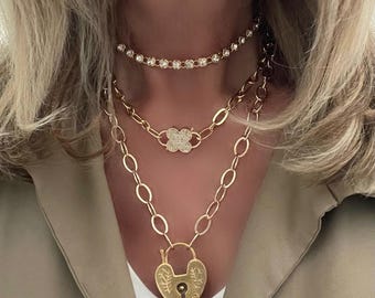 Glow Up//gold plated and gold filled necklaces each sold separately//choose from padlock heart, crystal choker, cz clover clasp