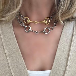 May include: A silver and gold chain necklace with two curb chain links and two horse bit charms.