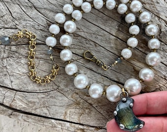Moonlight//Hand Soldered Labradorite Moon Pendant Necklace with Vintage Pearls, Adjustable Length