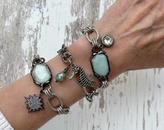 Marine Mist//Amazonite Charm Bracelet: Silver Plated Chain, Seahorse Clasp