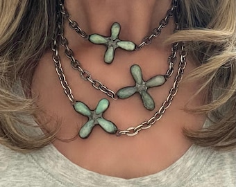 Embellishments//Amazonite focal Necklace: Etched Silver Plated chain//turquoise colored floral gemstone cross//each sold separately