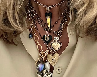 Luminosidad//Collar de capas estilo boho, colgante de cristal soldado a mano, hematita, bronce, colgantes de cristal