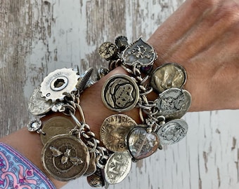 Charm City//Handmade Charm Bracelet, Antique Silver Charms, Vintage Chain