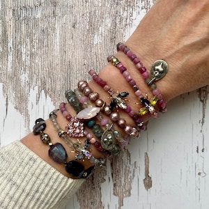 Cute as a Button//bracelets made with button rhinestones, hand soldered silver metal hearts, gemstones and pearls//each sold separately