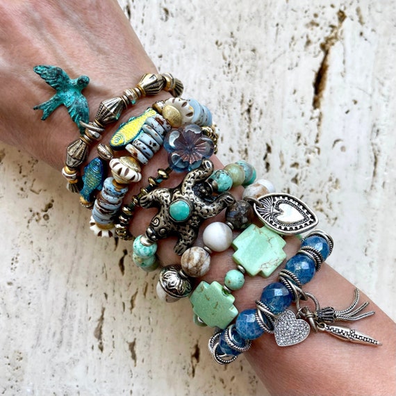 Turquoise Eclectic Bracelet Stack - DharmaShop Turquoise multi colored bohemian handmade eclectic bracelet display picture 1