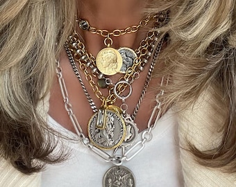 Alchemy//Gold & Silver Plated Coin Charm Necklace, Greek-Roman Replica