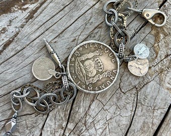 Spanish Real//Royal coin replica hand soldered chain and charm detail
