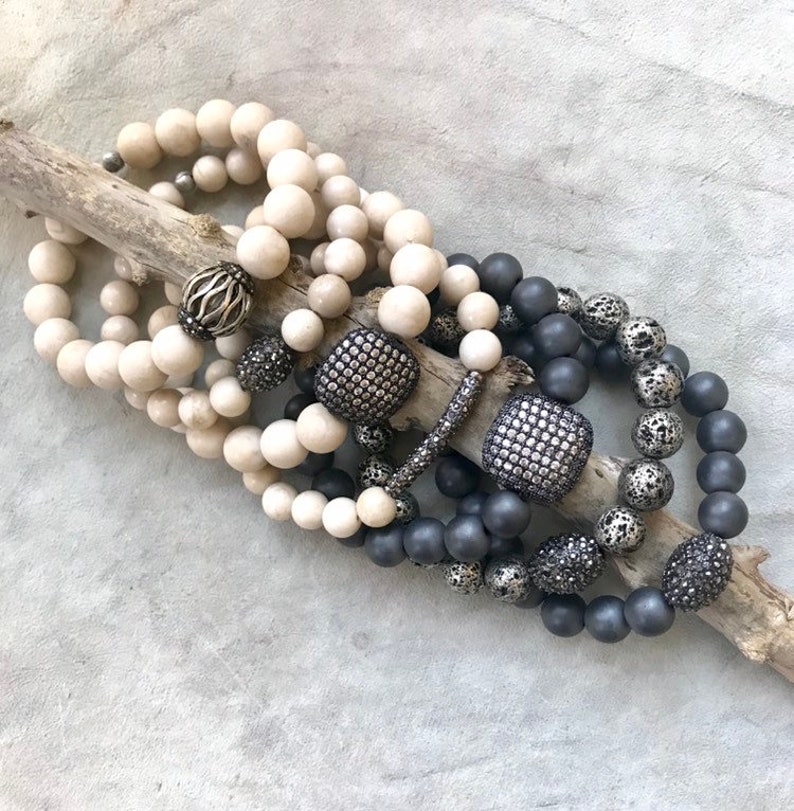 Neutral Glam//beaded Bracelets in Fossil Jasper Hematite Etsy
