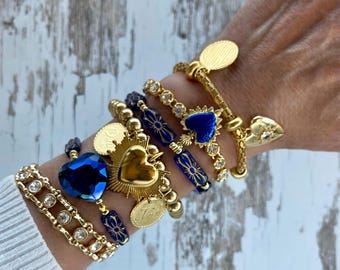 Cobalt and Gold//Gold Plated Blue Crystal Heart Bracelets, Love Charm Chain Jewelry