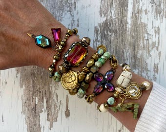 Jewels of the Nile//Beaded Charm Bracelets: Egyptian Cat, Crystal, Pyrite, turquoise, Old World Style