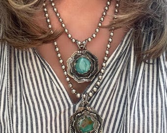 Turquoise & Tibetan Silver Pendant Necklace: Antique Silver Ball Chain