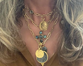 Temple of the Stars// Labradorite Pendant Necklace// Gold Plated Coin Gemstone & Cross Charm necklaces