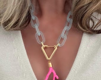 Ocean//Light Blue Acrylic Link Necklace with Gold Coral Pendant – Summer Jewelry