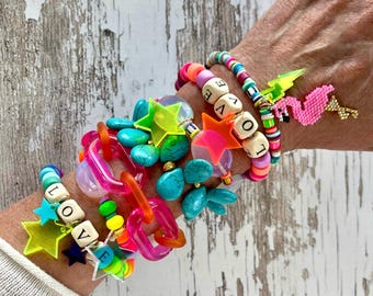 Love Letters//Colorful Beaded Bracelets, Neon Acrylic, Enamel, Opalite, Charms