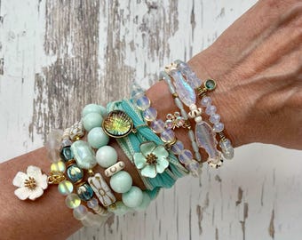 Hit Refresh//Beaded Bracelet, Aqua Opalite Charms, Silk Wrap Bracelet//mint spring  colors