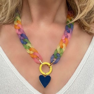 Shaved Ice//rainbow acrylic link necklace with enamel circle clasp and removable navy blue enamel heart charm