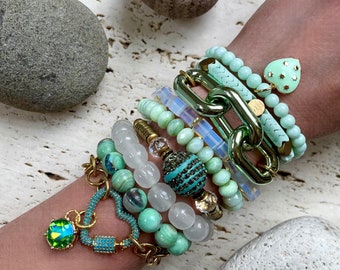 Ibiza//beaded stretchy and chain bracelets each sold separately in mint aqua and green tones