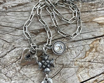 Love Tokens//removable charm trio//pendant necklace on adjustable length chain//antique silver plated