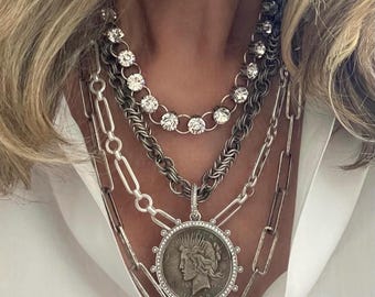 Liberty//Removable Coin replica Pendant Necklace: Vintage Mesh Chain, ball chain extender//CZ Bezel//silver plated//antique silver finish