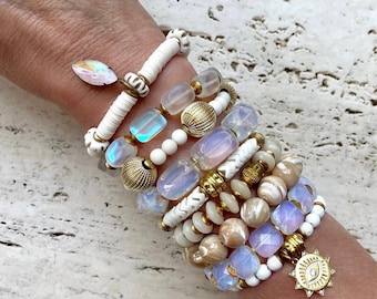 Sun Kissed//beaded bracelets each sold separately//prices vary//white and gold themed stacking layering bracelets