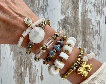 Good Energy//Beaded Bracelets: Rock Quartz, Moonstone, Gold Rabbit Charm, Specialty Accents