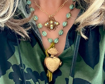 Wing and a Prayer//Sacred Heart Locket & Bee Pendant Necklaces – Rustic Gold, Bronze, Turquoise Beads