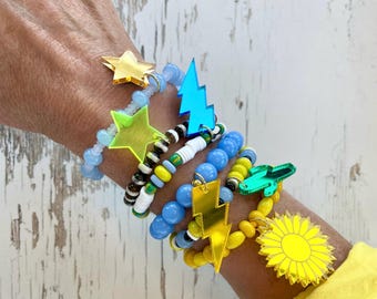 Pop Art//colorful beaded bracelets with acrylic charms//mirrored or neon star bolt cactus sunflower charms each sold separately