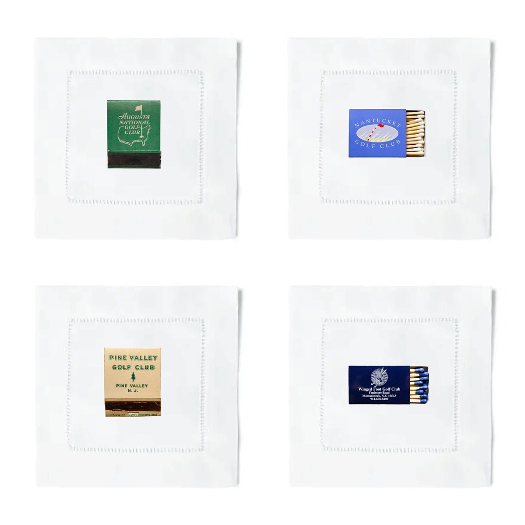 Linen Cocktail Napkin Set Vintage Golf Matchboxes Summer Masters Happy